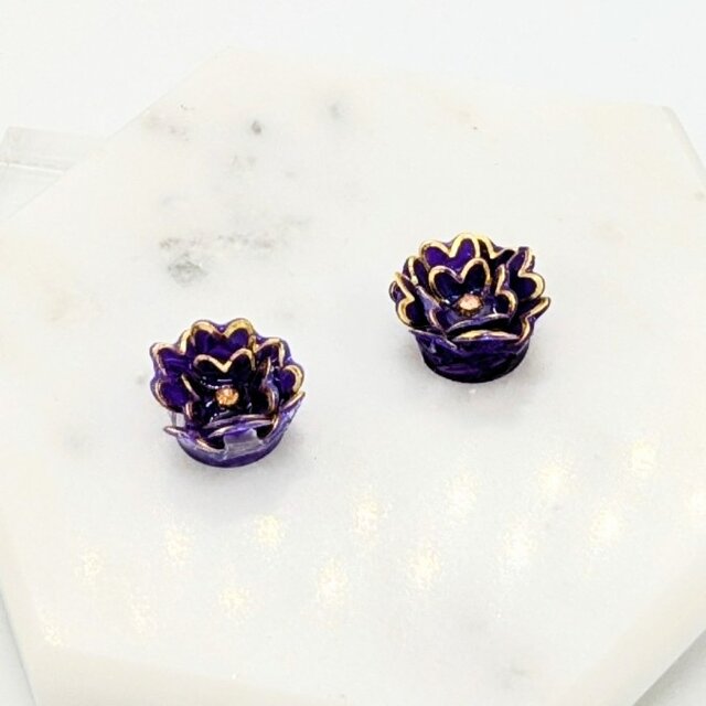 パープルとラインストーンの花のピアスイヤリング2262マグネット