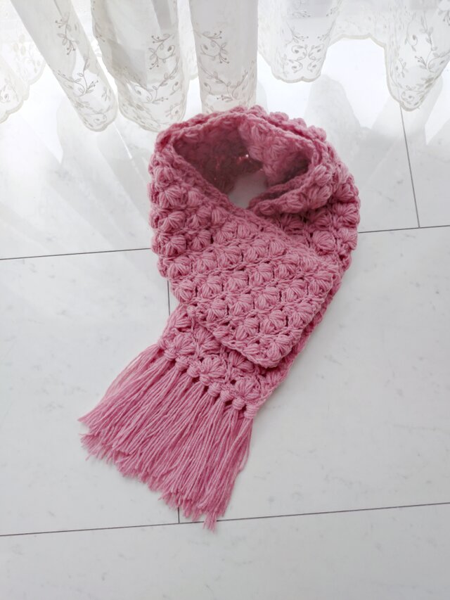 今年の新色】マフラー ぷっくり 玉編み 柄 模様 ピンク フリンジ