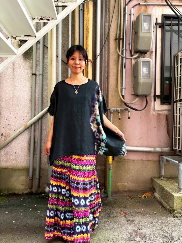 タイダイ プルオーバーブラウス ブラック×パープル×ベージュ×ブルー HD24-84