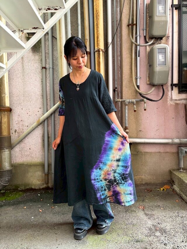 タイダイ ワンピース ブラック×ベージュ×パープル×ブルー HD24-85