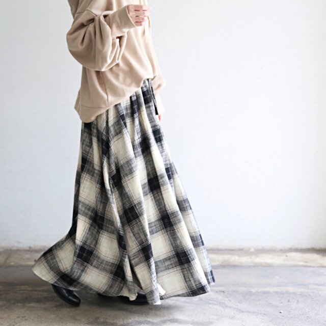 コットンリネンチェック ロングフレアスカート グレー 0447Grey