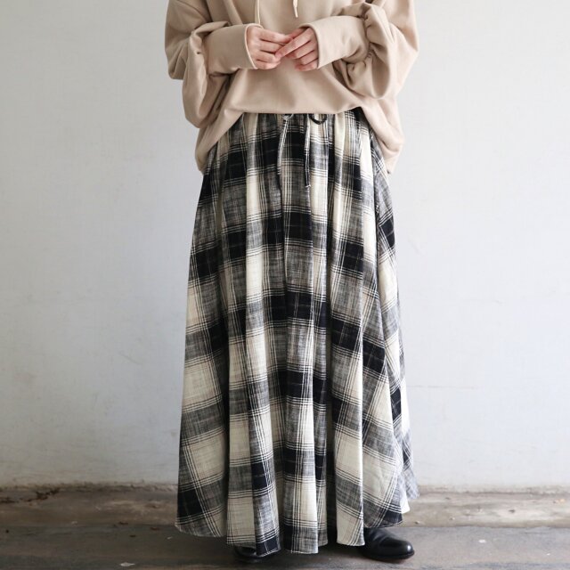 コットンリネンチェック ロングフレアスカート グレー 0447Grey
