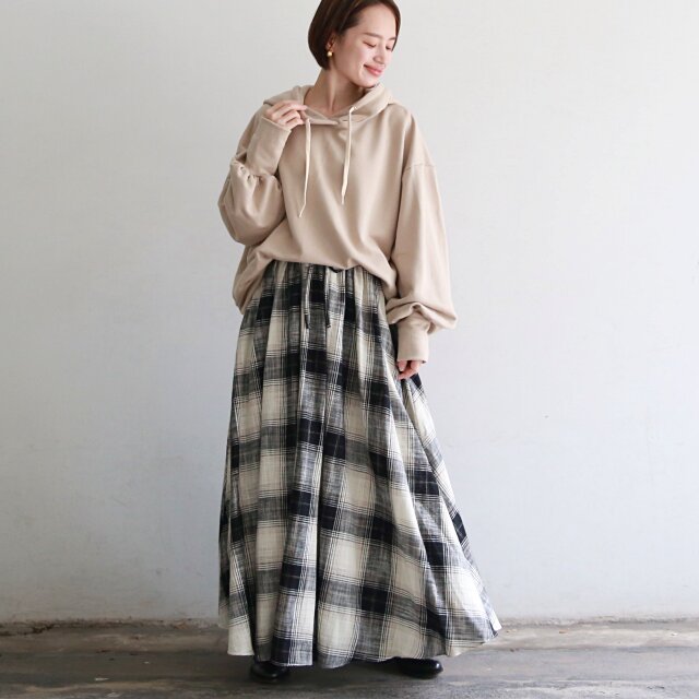 コットンリネンチェック ロングフレアスカート グレー 0447Grey