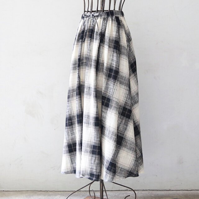 コットンリネンチェック ロングフレアスカート グレー 0447Grey
