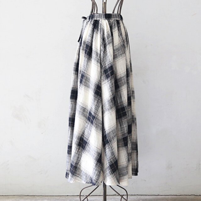 コットンリネンチェック ロングフレアスカート グレー 0447Grey