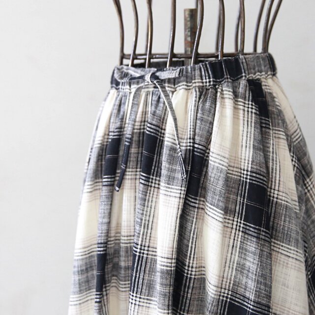 コットンリネンチェック ロングフレアスカート グレー 0447Grey