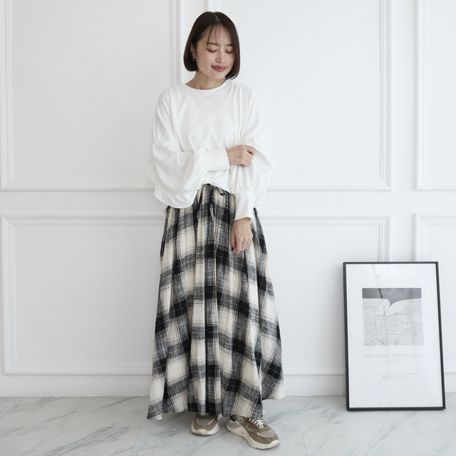 コットンリネンチェック ロングフレアスカート グレー 0447Grey
