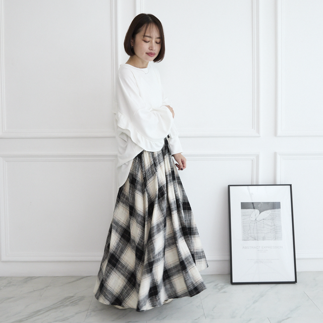 コットンリネンチェック ロングフレアスカート グレー 0447Grey