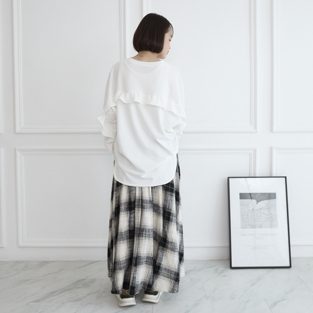 コットンリネンチェック ロングフレアスカート グレー 0447Grey
