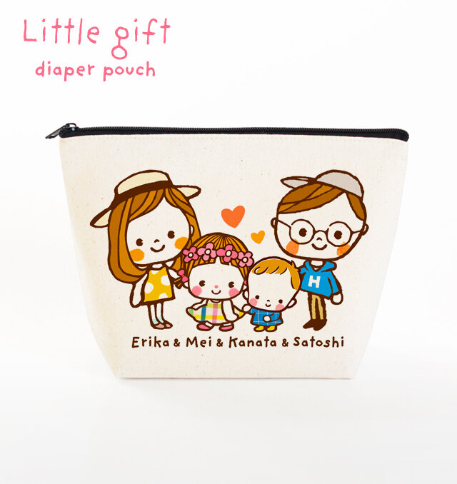 名入れ　親子　女の子　赤ちゃん　オムツポーチ　母子手帳ケース おむつポーチ 名入れポーチ（眼鏡パパとママと仲良し姉弟)