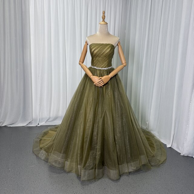 カラードレス グリーン ベアトップ ビジュー シークインチュール 編み上げ クラシカル 披露宴 謝恩会