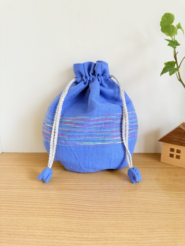 播州織のラウンド巾着袋（ブルー）