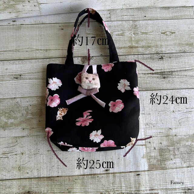 大人かわいいお花と猫ちゃんのトートバッグ コットン 猫 リボン flower