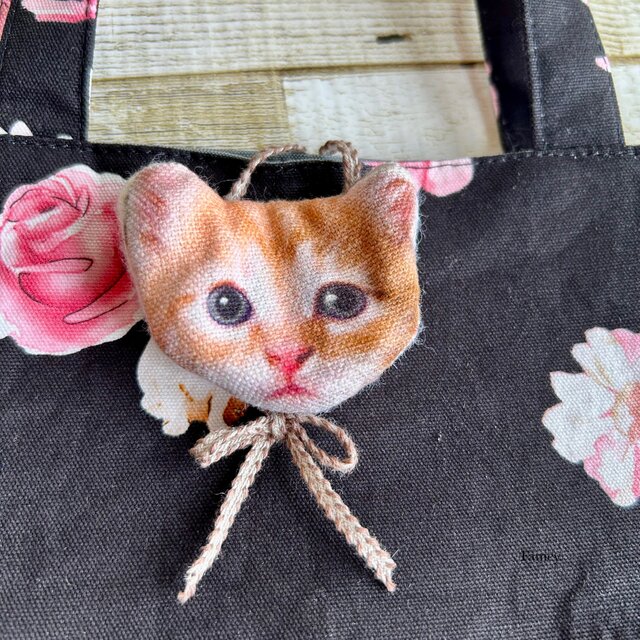 大人かわいいお花と猫ちゃんの横長トートバッグ コットン 国産帆布 猫