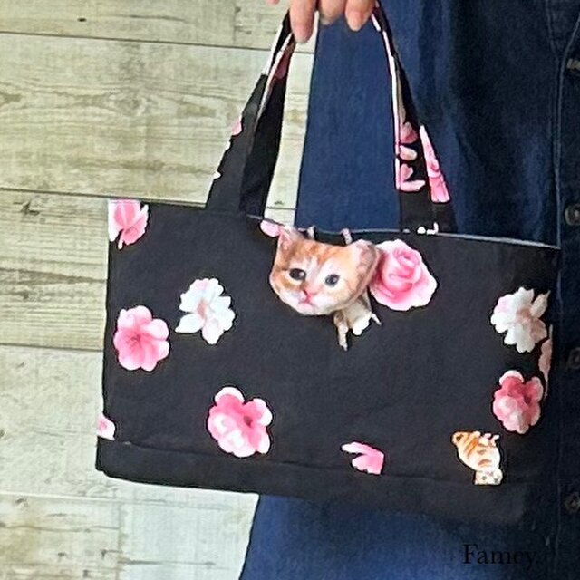 大人かわいいお花と猫ちゃんの横長トートバッグ コットン 国産帆布 猫