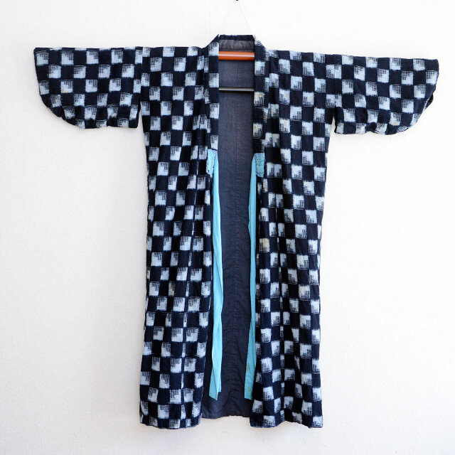 木綿・明治期・松に海老・山陰絣・4巾・たてよこ絣織・手織藍染品 藍染