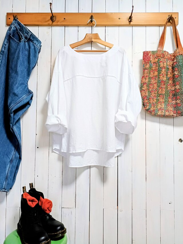 コットンリネン　白　ハシゴレース付き　ラウンドネックプルオーバー　S～6L