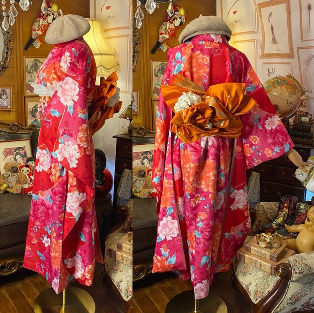 着物リメイク　振袖　人物花文　ロングワンピース 振袖 着物 ロングワンピース ドレス 2部式ローズ/バラ作り帯