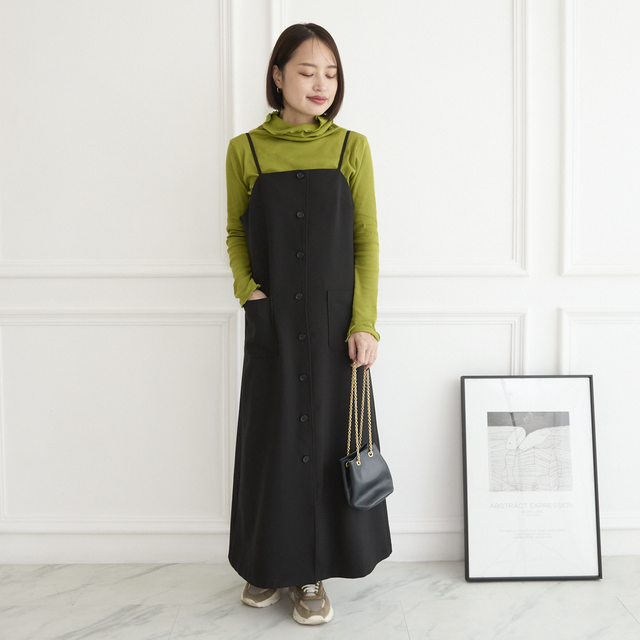 【着丈調整可能/洗える】シワになりにくい レイヤード キャミワンピース　ブラック　0712BK