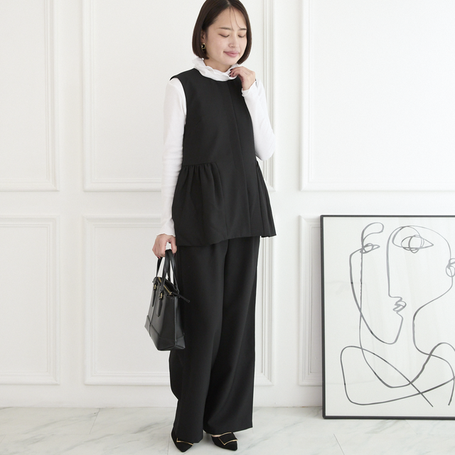 【ジレ＆パンツ セット】サラサラ素材✨シワになりにくい ジレと美脚パンツ セットアップ ブラック