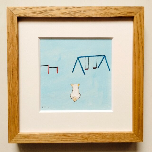 ブランコ」原画 ※木製額縁入り（18㎝角）一点物 水彩 イラスト 北欧