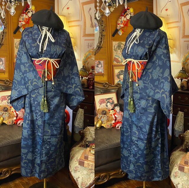 単衣着物 ロング ワンピース ドレス リメイク 重ね衿 襟 名古屋帯