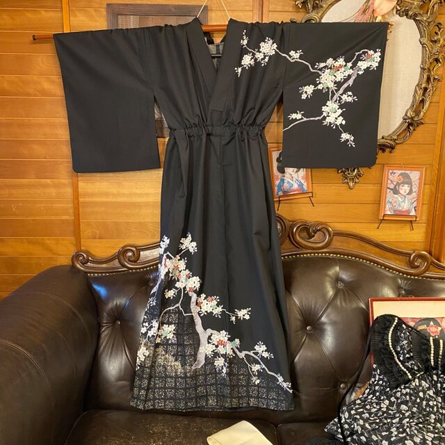 付け下げ着物 ロング ワンピース ドレス リメイク 重ね衿 襟 名古屋帯