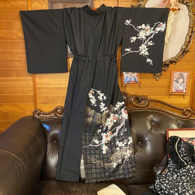 付け下げ着物 ロング ワンピース ドレス リメイク 重ね衿 襟 名古屋帯