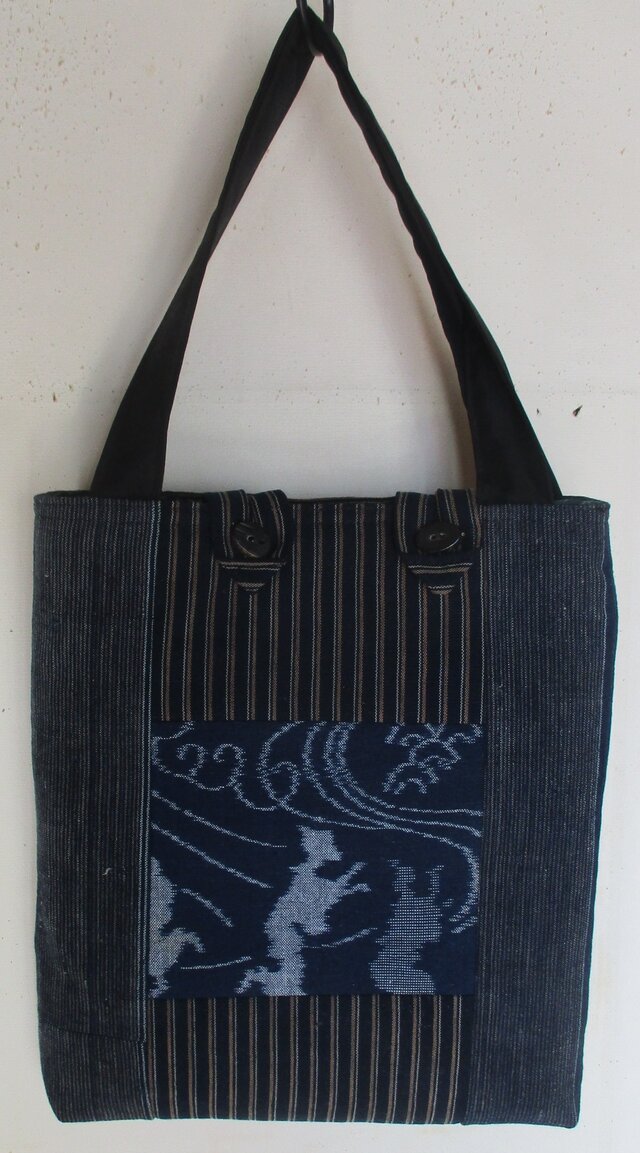８４１５　型染めと縞柄の着物で作った手提げ袋（タブレット入れ）　＃送料無料
