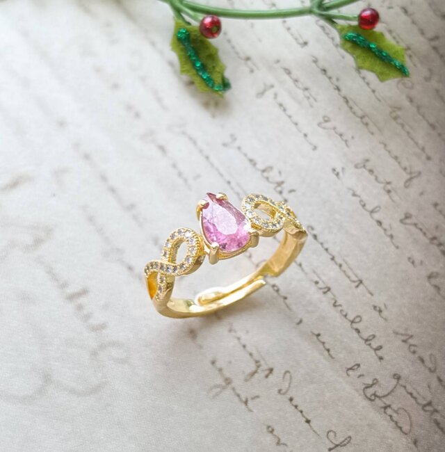 Karin-花輪- ピンクトルマリンリング　天然石　ペアシェイプ　滴　しずく　雫　フリーサイズ　フリーリング　雨　紫陽花