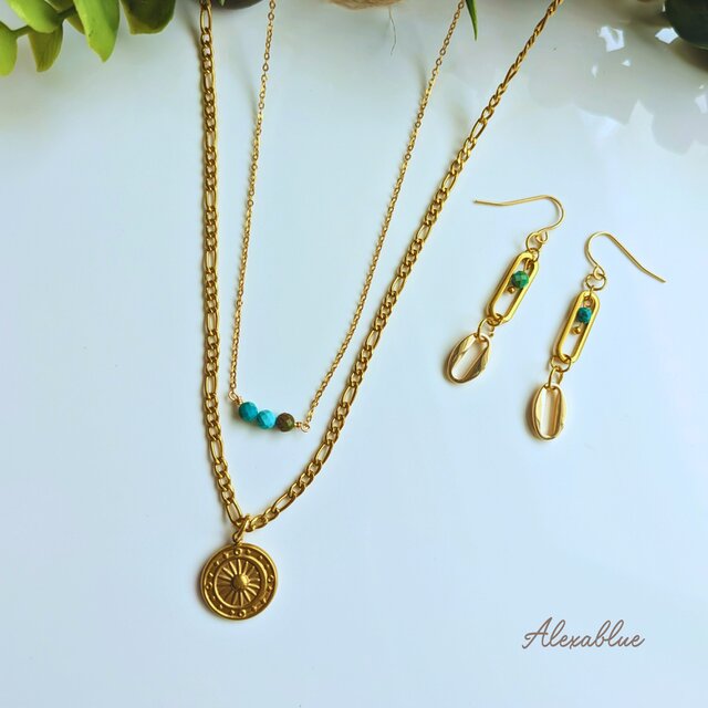 ターコイズ ステンレス ネックレス＆ピアスセット 大人カジュアル シンプル おしゃれ 金属アレルギー対応