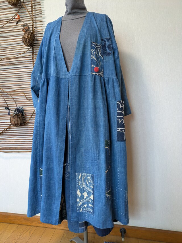 古布　襤褸型染め　カシュクールワンピース