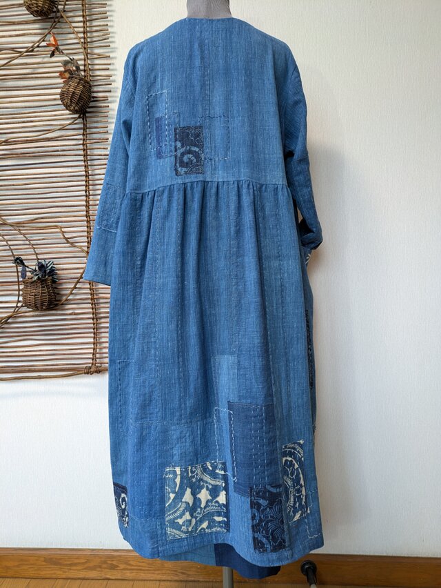 藍染古布+古布色々ワンピース 古布リメイク 藍染のカシュクールワンピース 襤褸 ボロ 型染