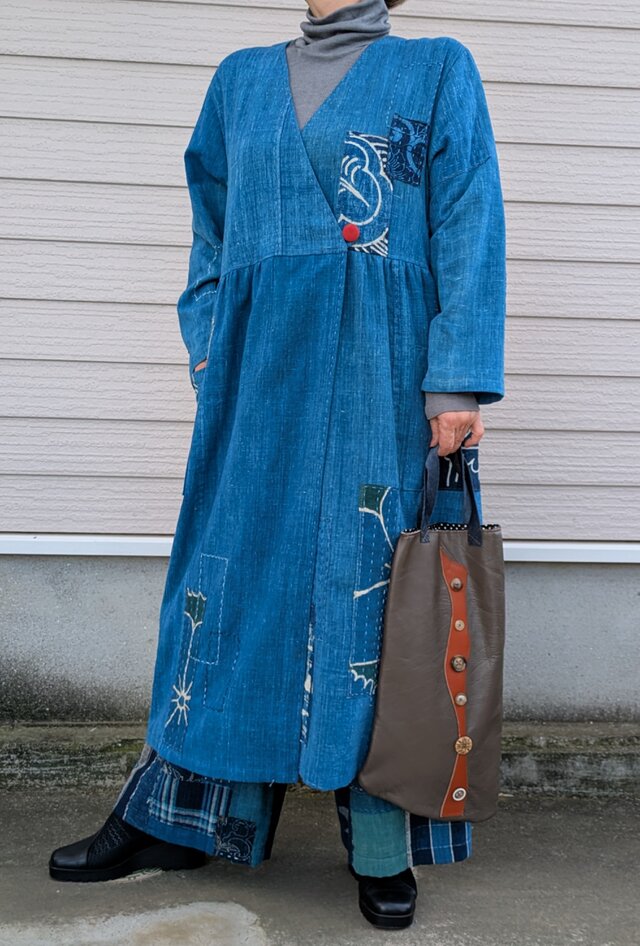 古布　襤褸型染め　カシュクールワンピース