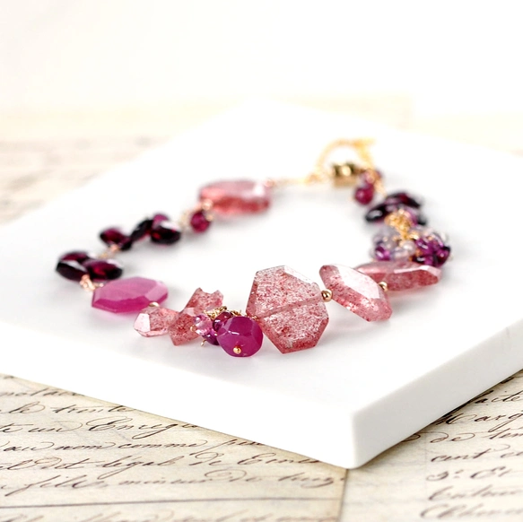 希少！14kgfルベライトブレスレット 秋彩のブレスレット」ルビーxストロベリークォーツxロードライト