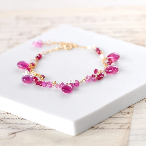 「紅耀」ルビーxピンクサファイアxハーキマーダイヤモンの煌めきブレスレット14kgf