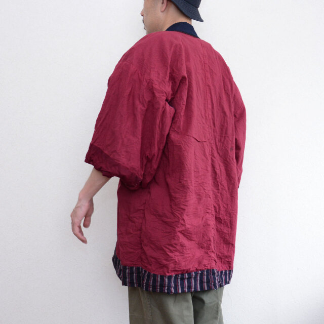 昭和中期 藍染襟の野良着｜木綿 着物 縞模様 裏地マルーン ジャパン