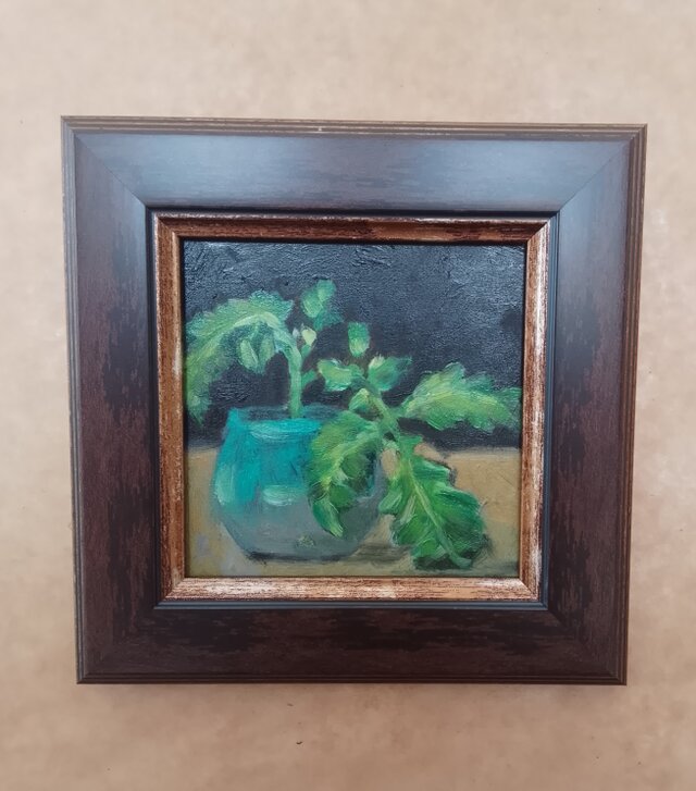 トマトと花瓶。油絵。小さな作品。