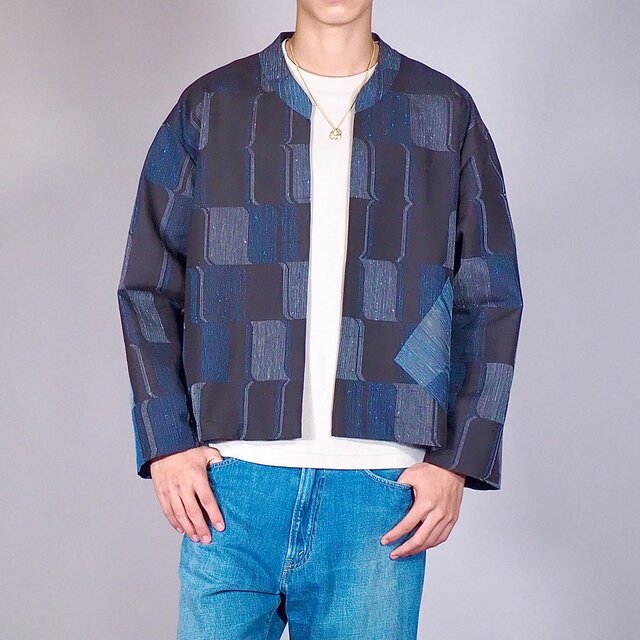 iichi価格★着物リメイク 短ラン ジャケット 長袖シャツメンズL 幾何学模様　ユニセックス
