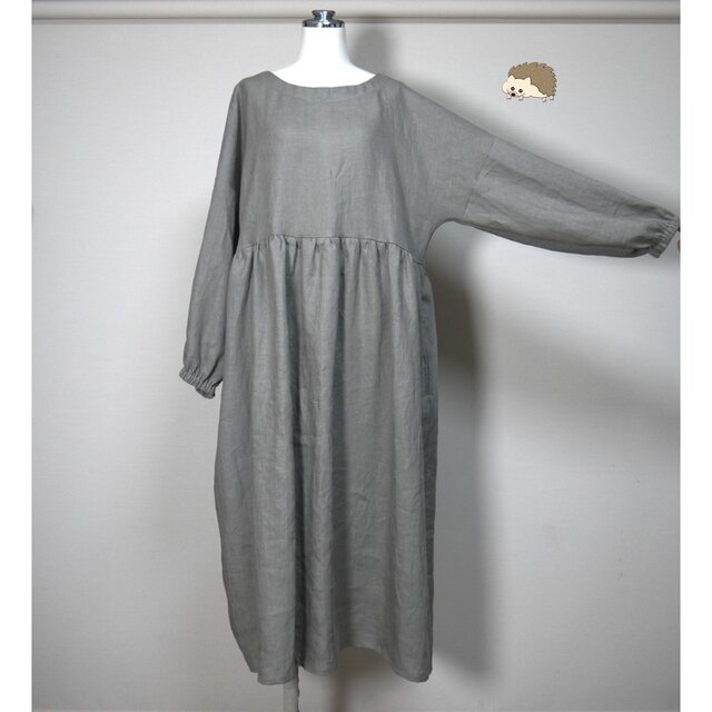 カラーリネン◆ふんわり袖のギャザーワンピース◆オールドカーキ◆フリーサイズ（中厚、リネン100％）