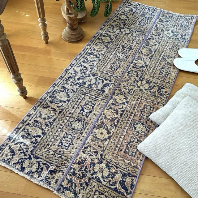 58.5×150 パッチワークロングラグ ネイビー×紫 トルコ