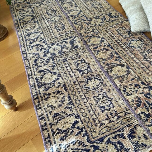 58.5×150 パッチワークロングラグ ネイビー×紫 トルコ