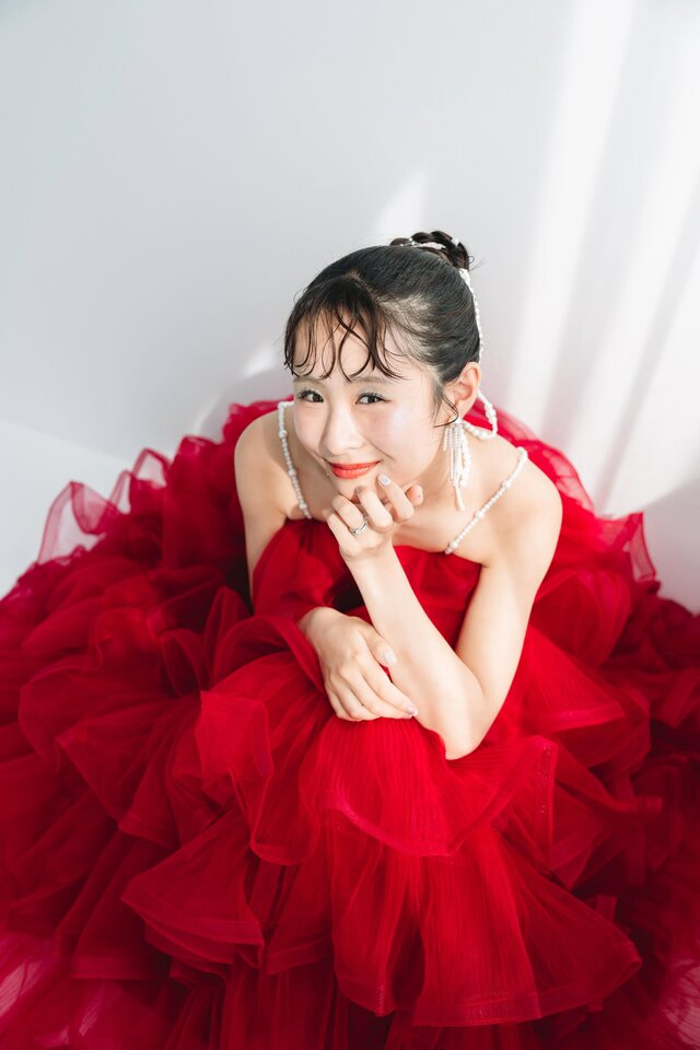 実例写真！カラードレス キャミソール ビーズ チェリーピンク ラッフル