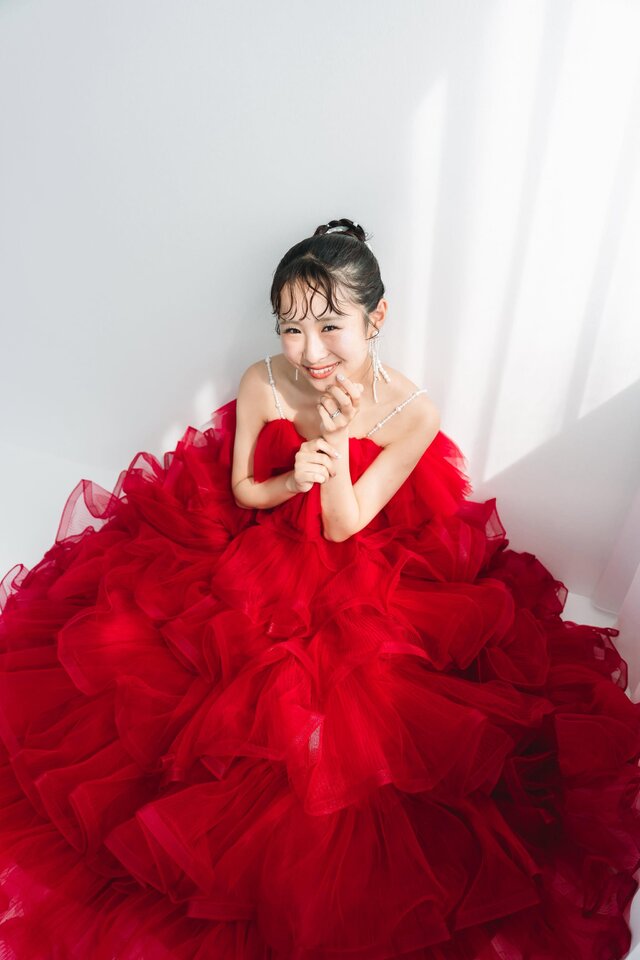 実例写真！カラードレス キャミソール ビーズ チェリーピンク ラッフル