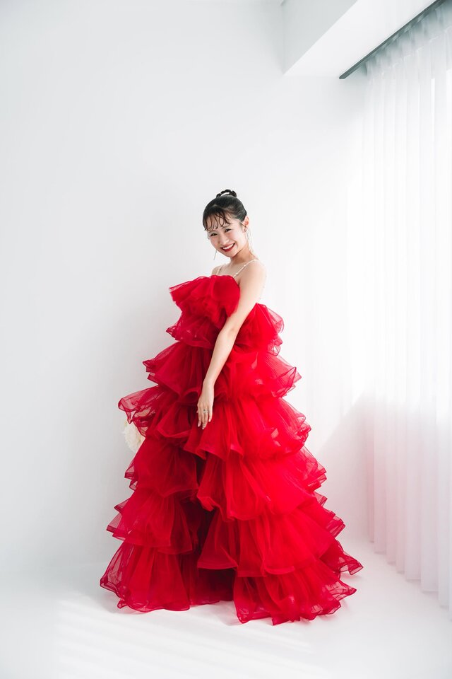 実例写真！カラードレス キャミソール ビーズ チェリーピンク ラッフル