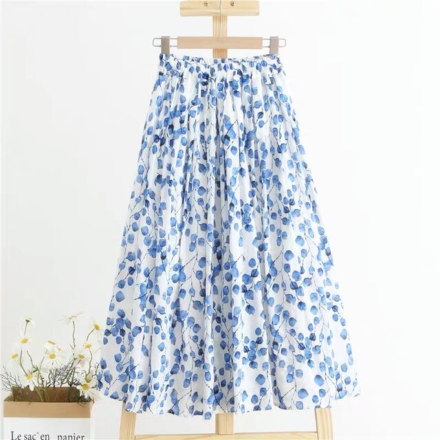 青色 裏地付き ギャザースカート ロングスカート ゴム仕様