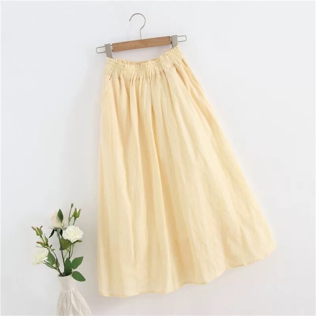 黄色 裏地付き ギャザースカート ロングスカート ゴム仕様
