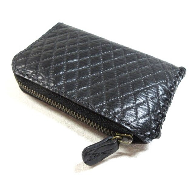 《牛革》スリムタイプ・Ｌ字ファスナー・コインケース・型押しダイヤモンドステッチ・0015