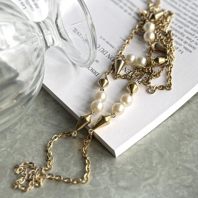 N294-ヴィンテージネックレス U.S.A. Gold Tone Cone Spacer Faux Pearl