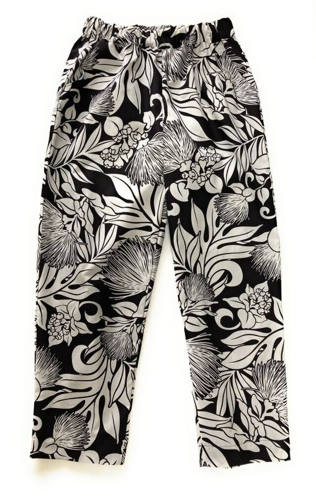 ハワイアン ファブリック シャーリングテーパードパンツ レフア柄 ブラック [mstp-251M]